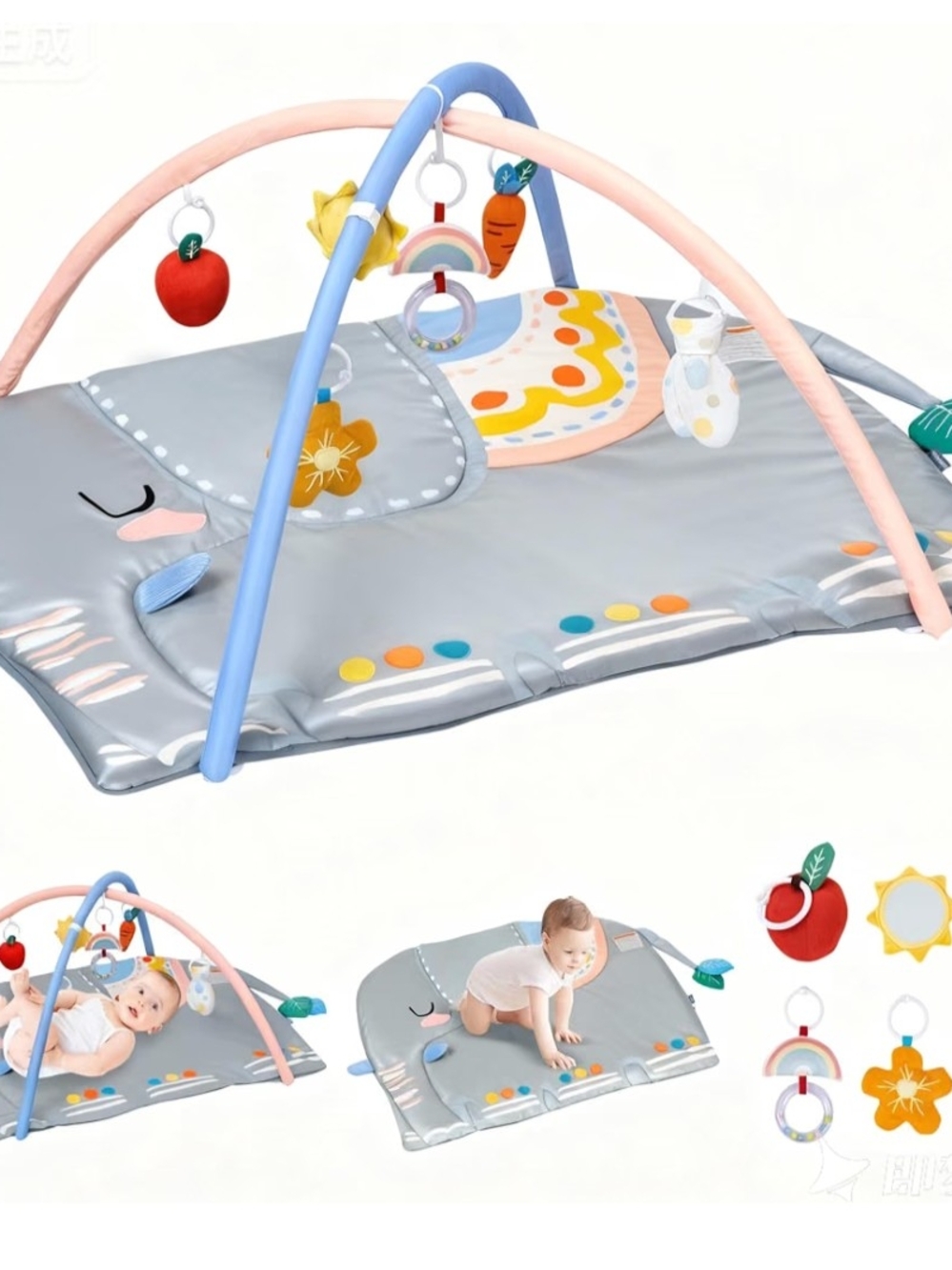 Gray & Pastel Baby Activity Play Gym - Soft Tummy Time Mat with Toys